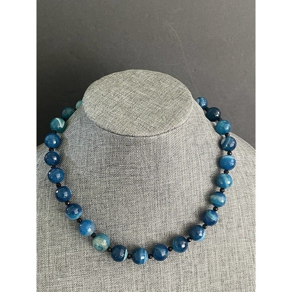 Blue Striped Agate Faceted Bead Boho Casual Dressy Choker 18” Necklace - Picture 1 of 6